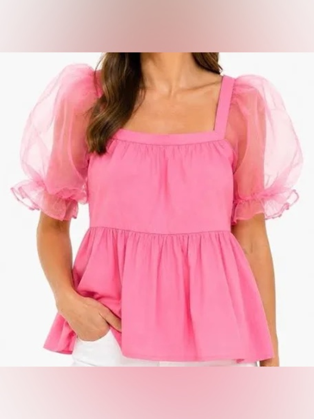 Tuckernuck Pomander Place Tinsley Top XS Pink Sheer Puff Sleeve Babydoll Blouse